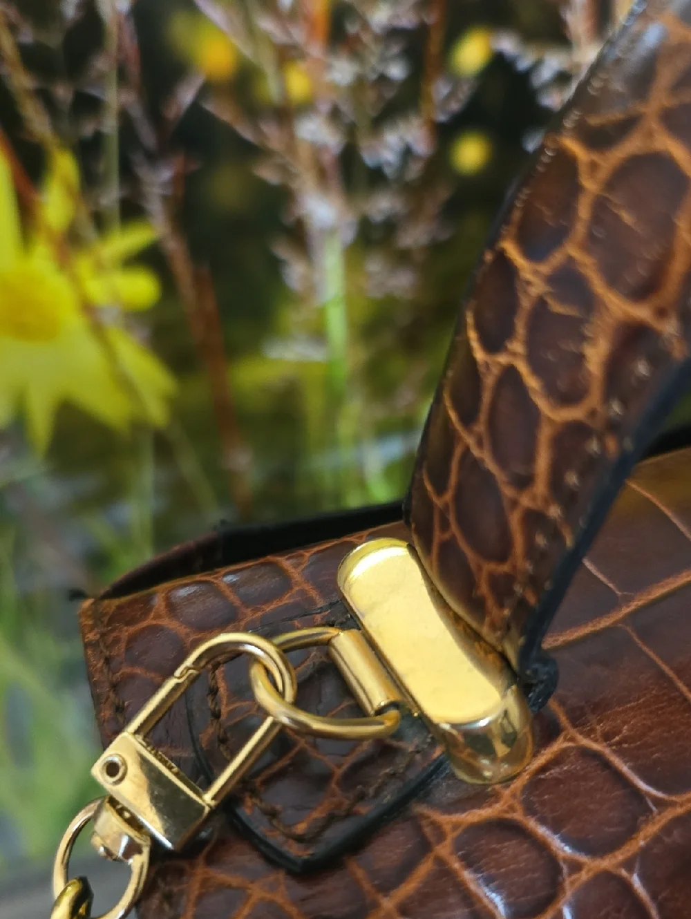 Bally Vintage Leather Satchel Croc Embossed Top Handle Bag Black Brown